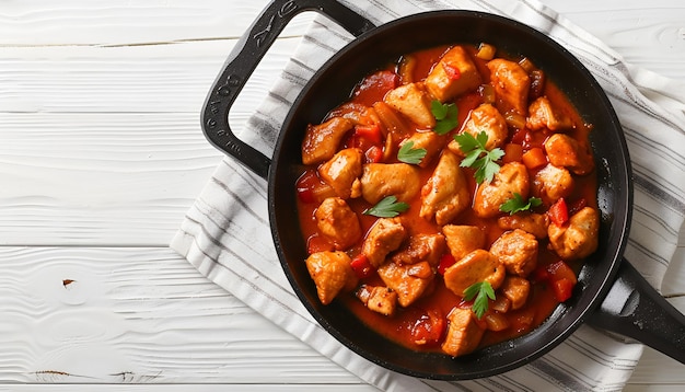 Broodpan met heerlijke kip tikka masala op servet op witte houten tafel