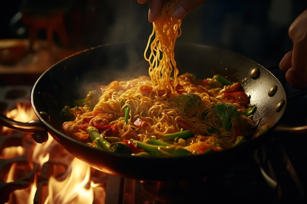 Broodpan met noedels en groenten aan het vuur in de keuken close-up