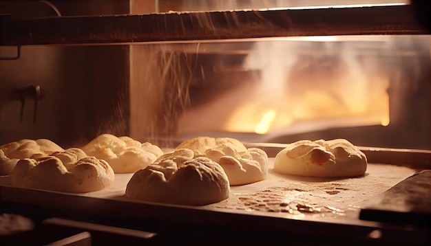 Foto broodproductie maken in oven achter de schermen van bakkerij met generatieve ai-technologie