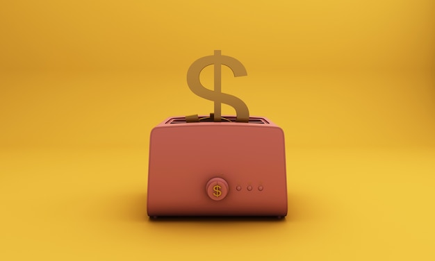 Foto broodrooster roze roosteren uit een gouden dollar, gele achtergrond. concept idee-3d render