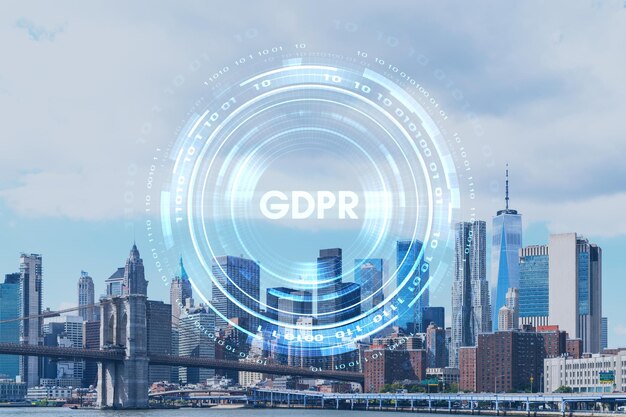 Brooklyn bridge met New York City Manhattan financiële skyline van de binnenstad panorama overdag over East River GDPR hologram concept van regelgeving voor gegevensbescherming en privacy voor alle individuen