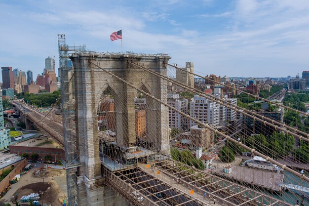 Brooklyn Bridge panoramic view of the Brooklyn downtown skyline buildings in New York City of landscape USA