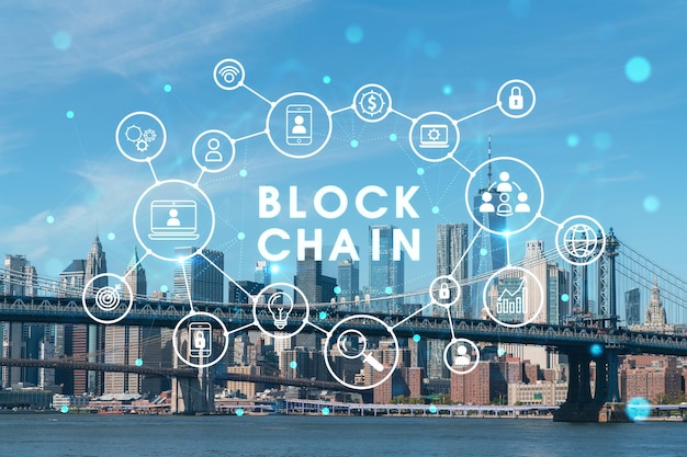 Brooklyn and Manhattan bridges with New York City financial downtown skyline panorama at day time over East River Decentralized economy Blockchain cryptography and cryptocurrency concept hologram