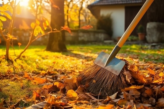 A broom is in front of a house and the leaves are turning yellow.