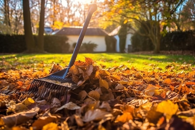 A broom is sweeping leaves in front of a house.