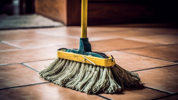 A broom is on a tile floor.