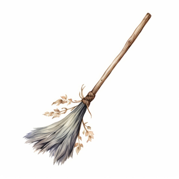 Photo broom with lavender on white background watercolor illustration