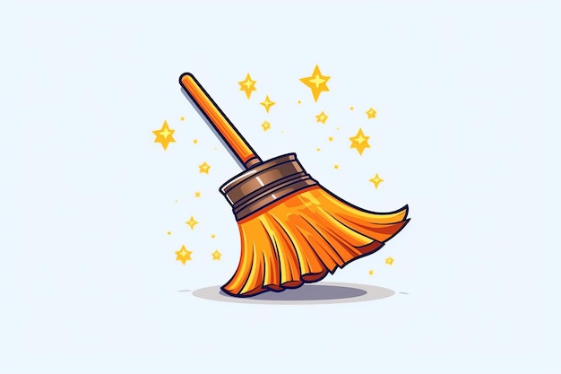 A broom with a yellow handle is falling on a blue background.