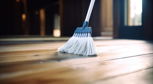 brooming a hardwood floor with white broom