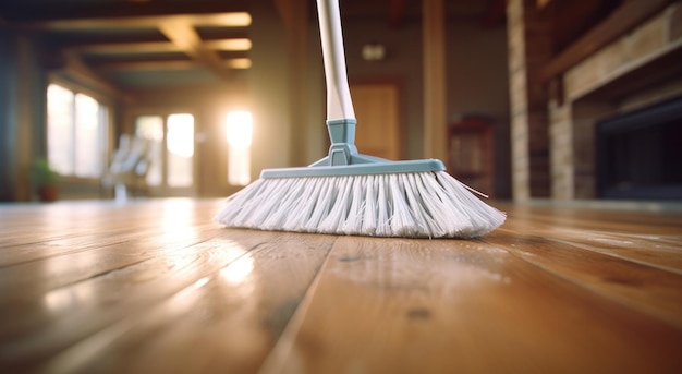 brooming a hardwood floor with white broom