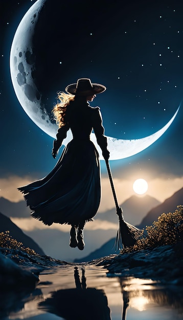 Broomstick Flight Over the Moon Halloween Wallpaper