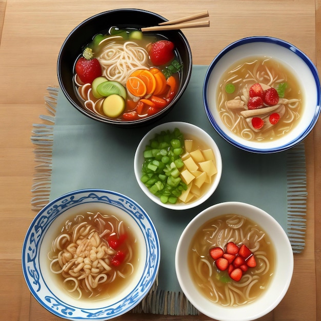Broth Ramen Noodle Soup on a table with different types of fruit