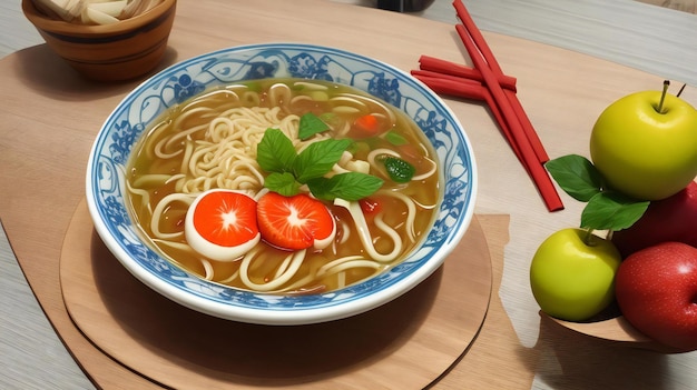 さまざまな種類のフルーツが置かれたテーブルにラーメンヌードルスープを盛り付けました