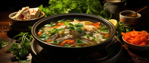 Broth with chicken meat and greens generated by AI