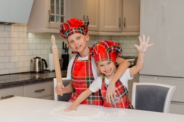 Brother and sister are preparing a festive dinner in the kitchen new years winter concept