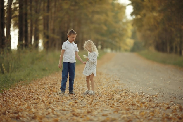 Brother and sister Autumn road