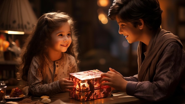 Brother and sister exchanging gift box