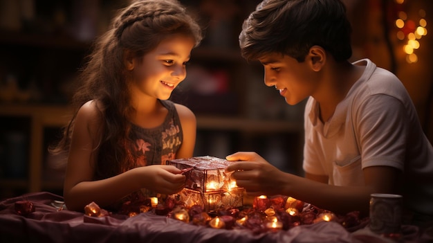 Brother and sister exchanging gift box