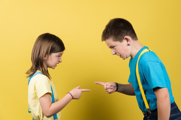 Brother and sister having a discussion and pointing each other