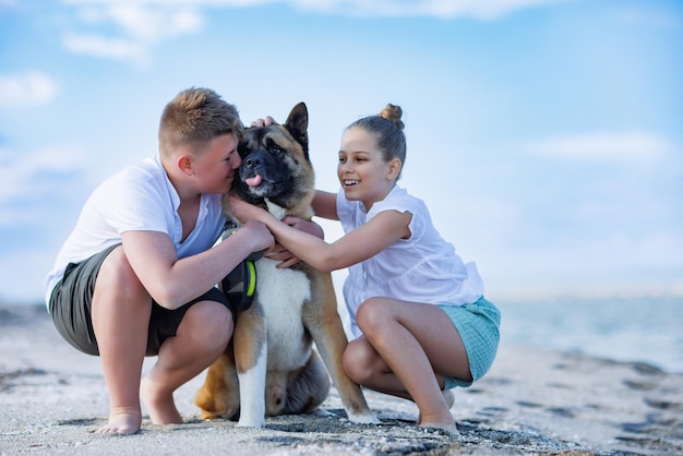 Brother and sister hug and kiss dog of the Akita Inu breed along coast along Black Sea in summer sunny weather