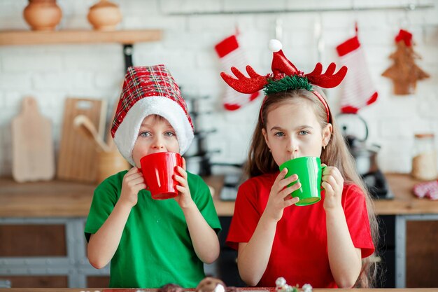 兄と妹クリスマスのクッキーを食べクリスマスデコレーションを飲み