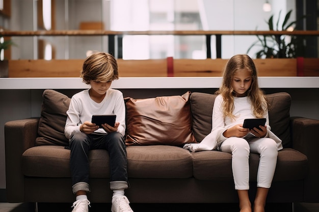 Brother and sister playing gadgets on the couch at home