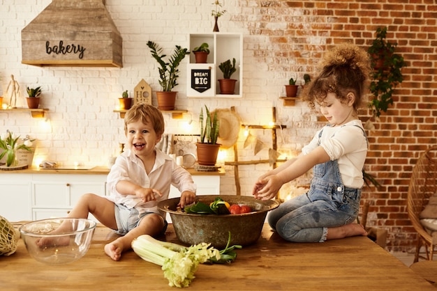 Brother and sister playing in the kitchen