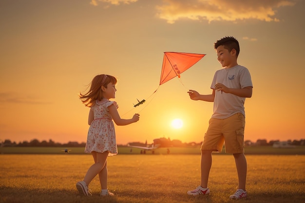 Photo brother and sister playing with kite and plane at the field on the sunset