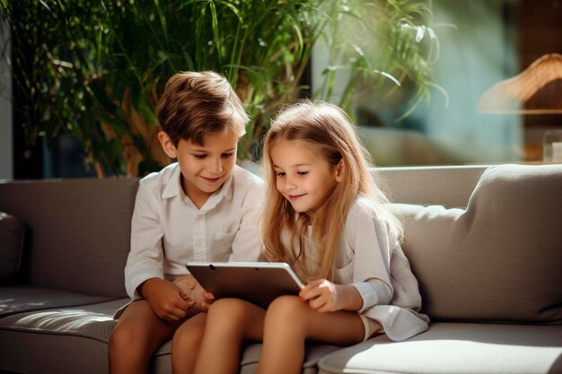 Brother and Sister playing with a tablet at home