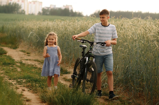 Foto fratello e sorella vanno in bicicletta lungo un campo di grano