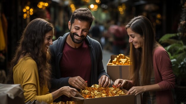 Brother and sisters unloading Diwali gifts from car