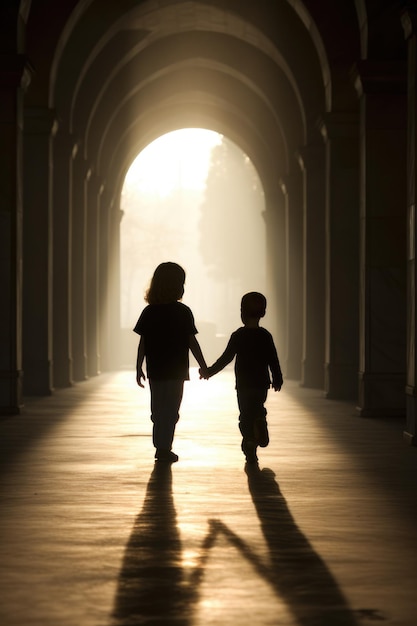 Brotherly Bond Two Little Siblings Walking into the Backlight