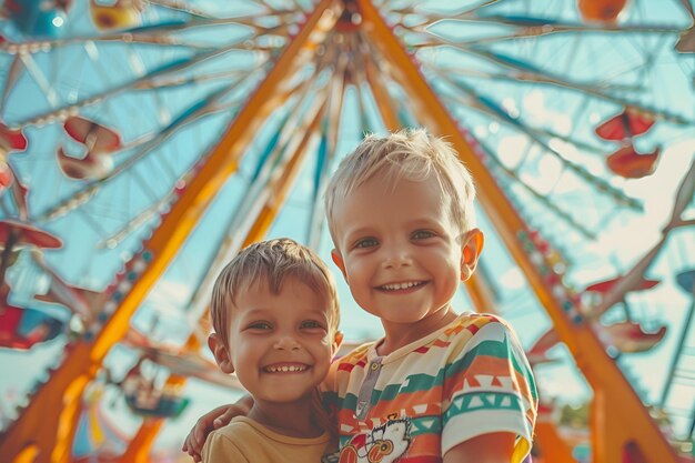 Brothers enjoy the amusement park with a ferris wheel in the background