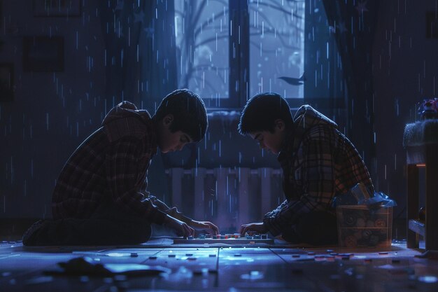 Brothers playing board games on a rainy day