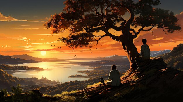 Brothers and their dog sit on rocks gazing at an extremely tall tree at sunset