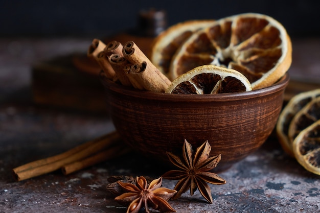 Broun bowl with mulled wine flavoring: cinnamon, star anise, orange skins