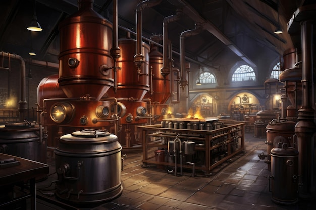 Brouwerij Moderne bierfabriek met brouwketels buizen en tanks van RVS