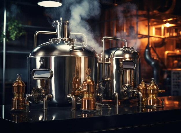 Brouwerijinterieur met roestvrijstalen tanks en vaten