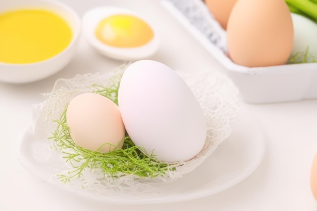 사진 흰색 배경에 흰색 접시에 갈색과 흰색 계란