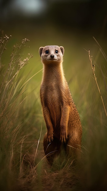 a brown animal with a long neck stands on a grassy field.