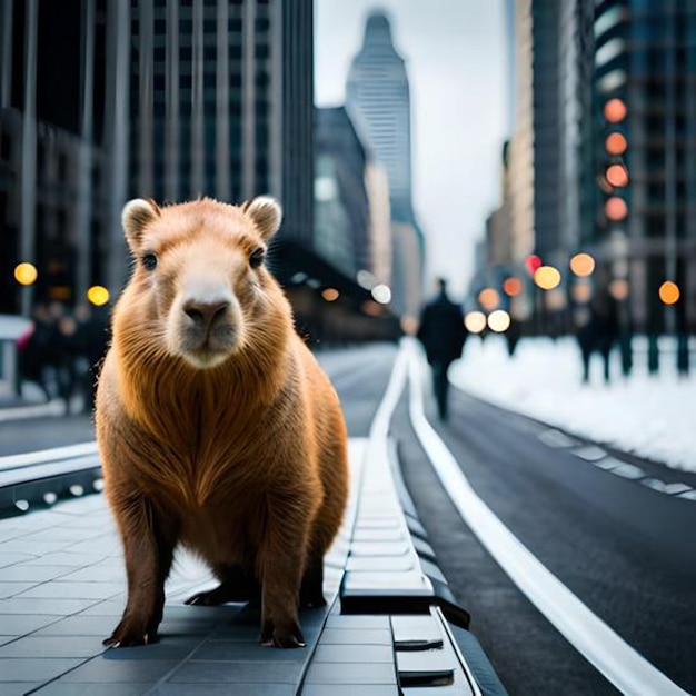 A brown animal with a white nose and a black nose stands on a street in front of a cityscape.