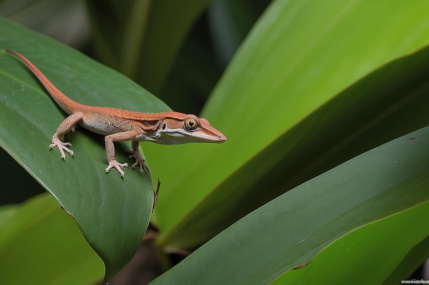 Photo brown anole waving for the camera and resting on a birds nest anthurium leaf see its silhouette through the leaf