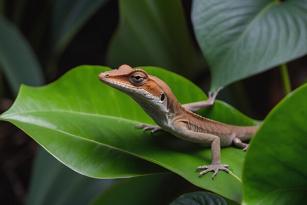 Photo brown anole waving for the camera and resting on a birds nest anthurium leaf see its silhouette through the leaf