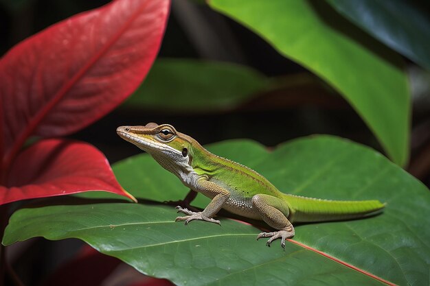 Photo brown anole waving for the camera and resting on a birds nest anthurium leaf see its silhouette through the leaf