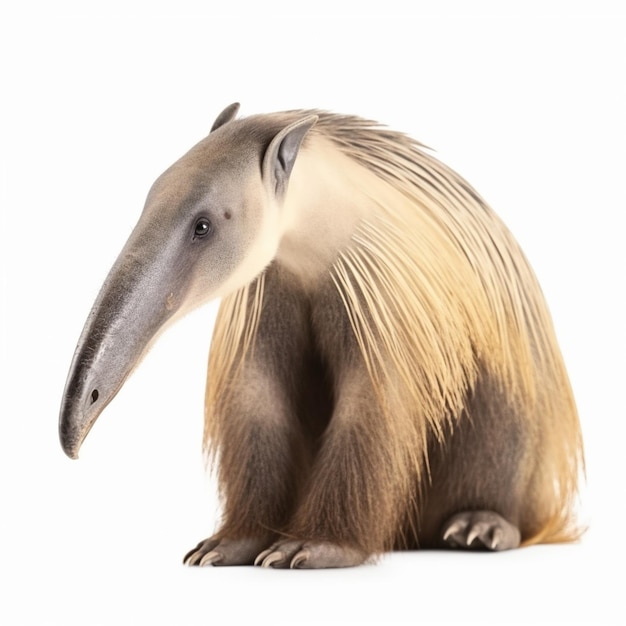 A brown anteater with a long bill sits on a white background.
