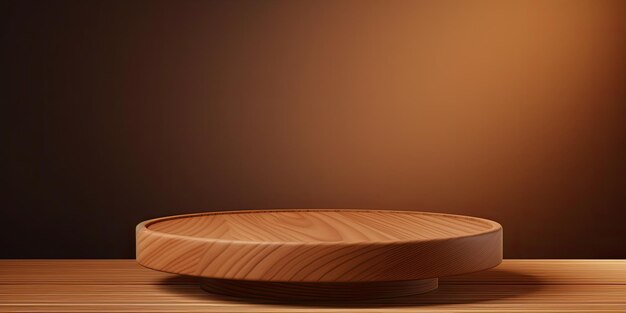 Photo brown background with round wooden podium for food or cosmetics