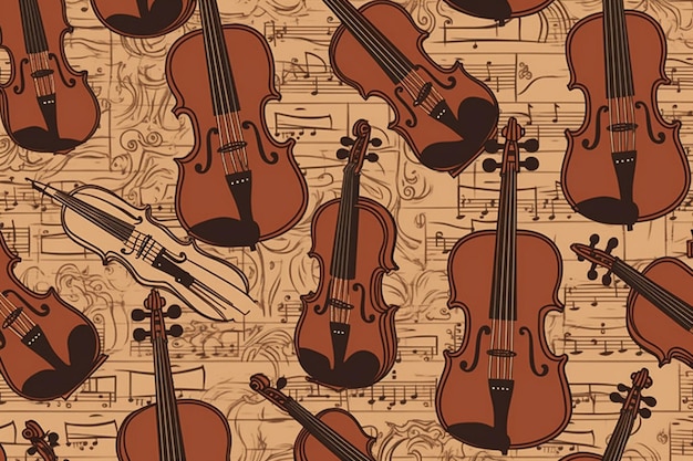 A brown background with a violin and music notes.