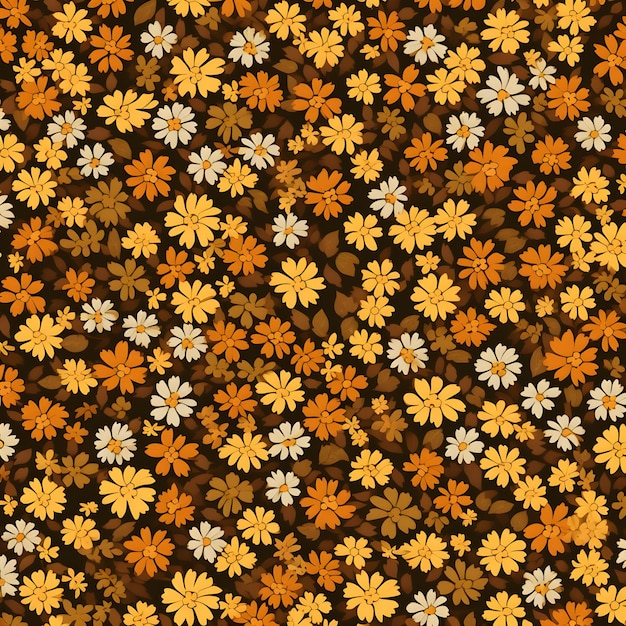 коричневый фон с желтым оранжевым и коричневым клипартом маленькие цветы графика бесшовные