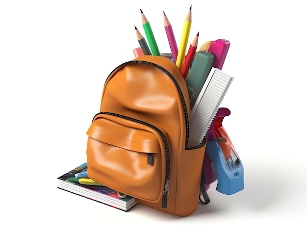 A brown backpack with a lot of colored pencils and a stack of books.