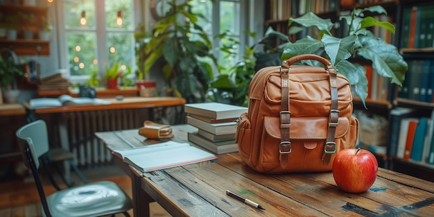 Коричневый рюкзак на деревянном столе